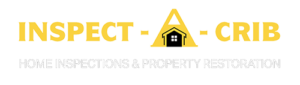 Inspect-a-Crib logo. Yellow lettering with a black house set into the A